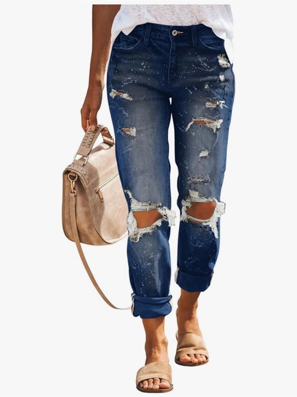 Relaxed Fit Distressed Dark Blue Boyfriend Jeans